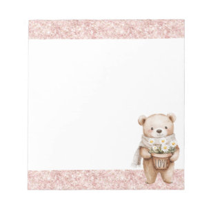 Pink Glitter Sweet Bear Daisy Flowers Notepad