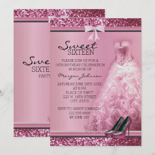 Pink Glitter Sweet Sixteen Birthday Invitation
