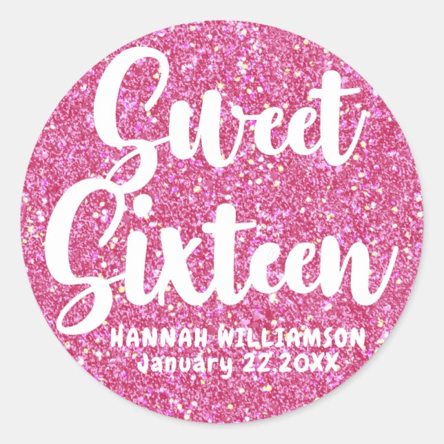 Pink Glitter Sweet Sixteen Personalised Sticker (Front)