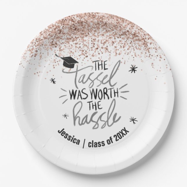 Pink Glitter Tassel Worth the Hassle Graduation Paper Plate (Front)