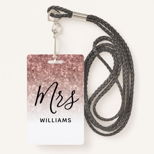 Pink Glitter Teacher Custom Name Lanyard ID Badge (Front with Lanyard)