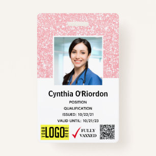 Pink Glitter Technician Photo ID QR Barcode Badge ID Badge