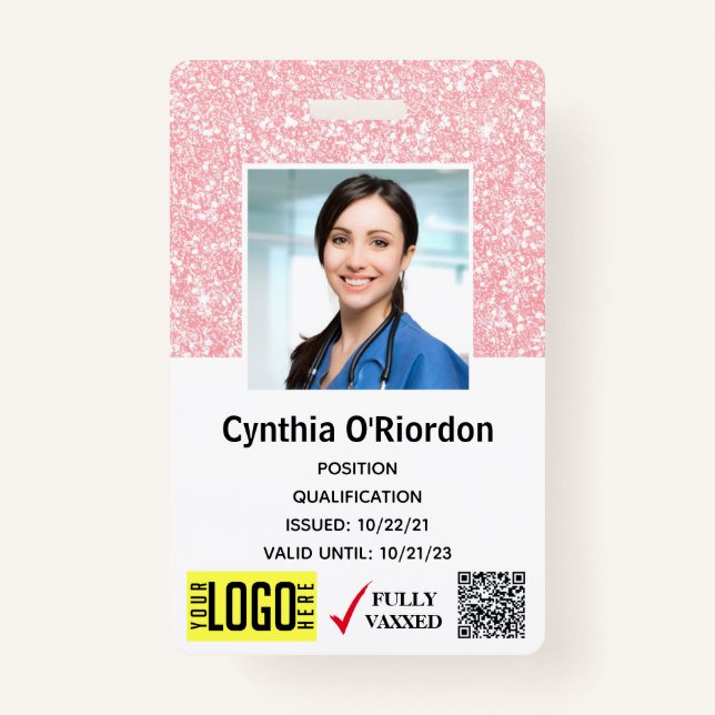 Pink Glitter Technician Photo ID QR Barcode Badge ID Badge (Front)