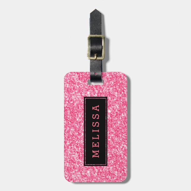 Pink Glitter Texture With Black Accent Luggage Tag (Front Vertical)