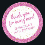 Pink Glitter Thank You Birthday Favour Classic Round Sticker<br><div class="desc">Bright bubblegum pink glitter and gold sparkle personalised thank you favour stickers for a fun and girly birthday party. All of the text is editable, making them great for a little girl's 1st 5th, or 8th birthday, or a big girl's 13th 15th sweet 16th, 18th or 21st birthday or graduation....</div>