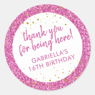Pink Glitter Thank You Birthday Favour Classic Round Sticker