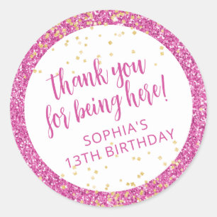 Pink Glitter Thank You Birthday Favour Classic Round Sticker