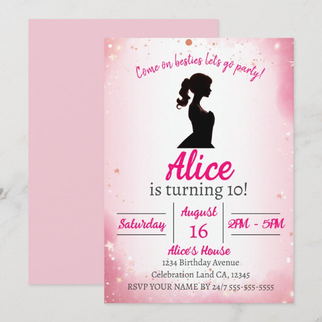 Pink Glitter theme doll birthday Invitation (Front/Back)