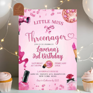 Pink Glitter Threenager Make Up Birthday Invitation