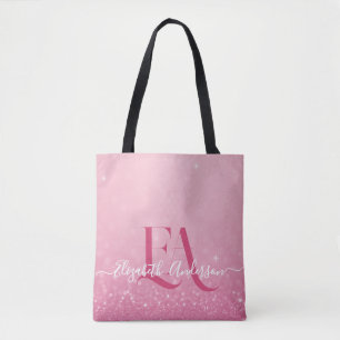 Pink Glitter Tote Bag with Initials & Name