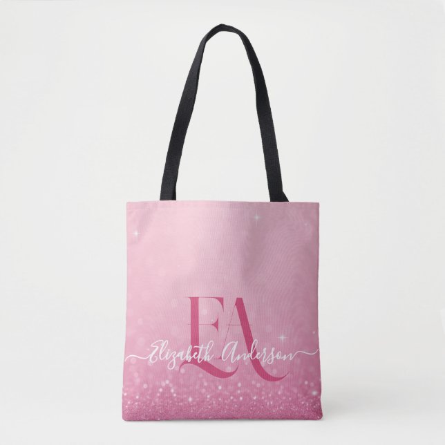 Pink Glitter Tote Bag with Initials & Name (Front)