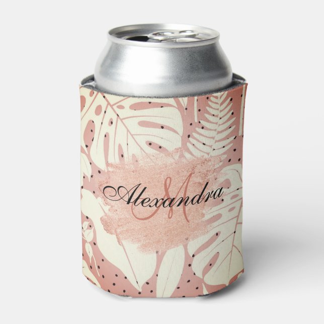 Pink Glitter Tropical Leaves Can Cooler (Can Front)
