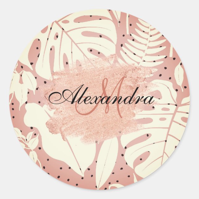Pink Glitter Tropical Leaves Classic Round Sticker (Front)