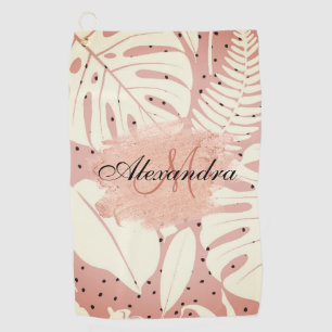 Pink Glitter Tropical Leaves Golf Towel