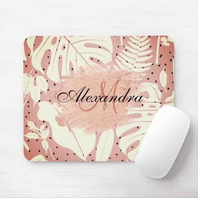 Pink Glitter Tropical Leaves Mouse Mat (With Mouse)