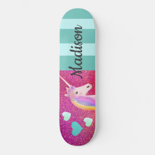 Pink Glitter Unicorn Hearts Kids Personalised  Skateboard