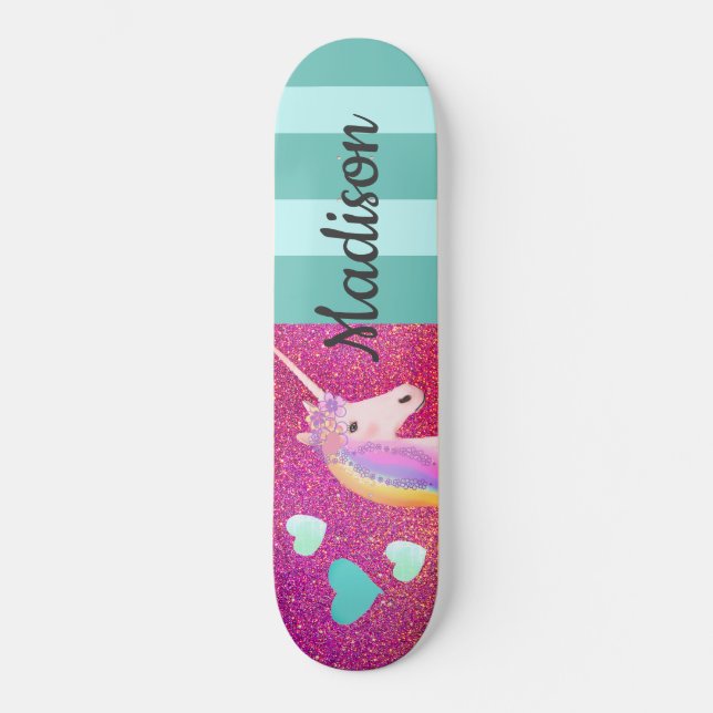Pink Glitter Unicorn Hearts Kids Personalised  Skateboard (Front)