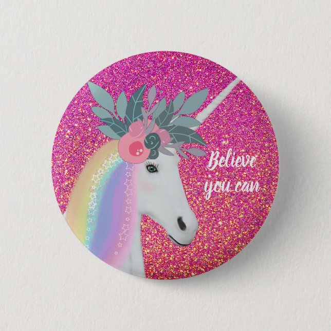 Pink Glitter Unicorn Rainbow Fantasy Flowers 6 Cm Round Badge (Front)