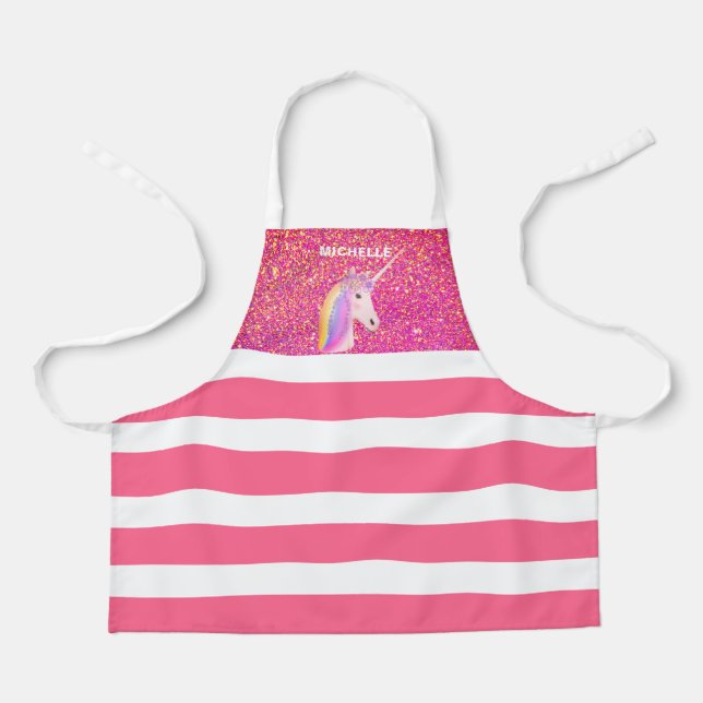 Pink Glitter Unicorn Rainbow Personalised Kids Apron (Front)