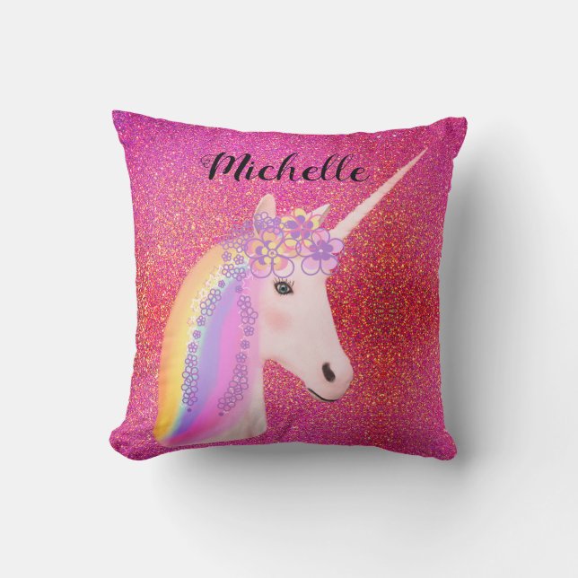 Pink Glitter Unicorn Rainbow Sparkles Personalised Cushion (Front)