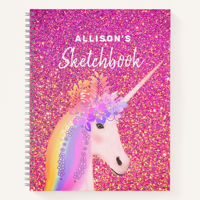 Pink Glitter Unicorn Sketchbook Personalised Name  Notebook (Front)