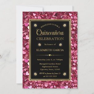 Pink Glitter Valentine Hearts Quinceanera Invitation