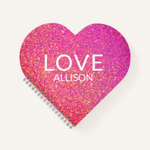 Pink Glitter Valentines Day Love Heart Shaped Name Notebook
