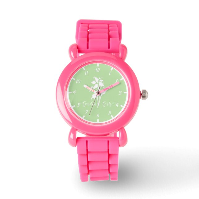 Pink Glitter Watch Feature Garden Girls Flower (Front)