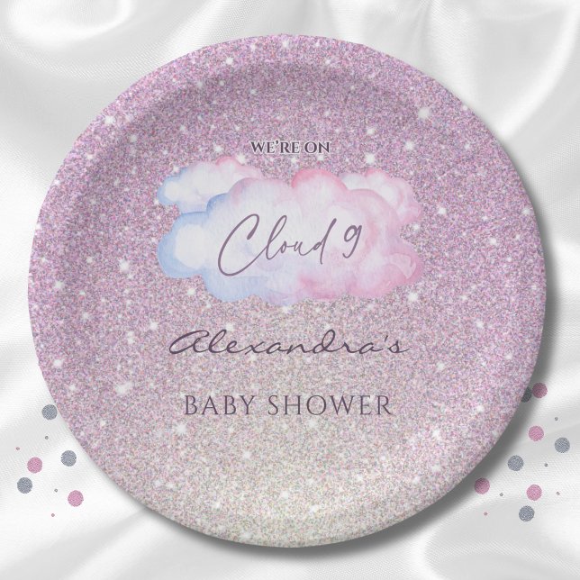Pink Glitter Watercolor Cloud Baby Shower Paper Plate (Creator Uploaded)