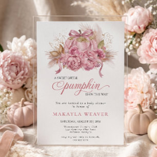 Pink Glitter Watercolor Peony Pumpkin Baby Shower Invitation