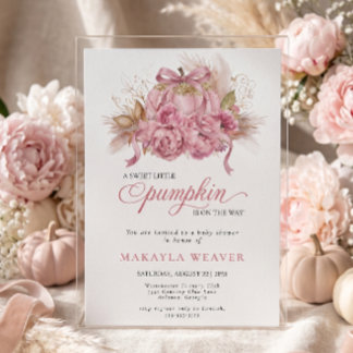 Pink Glitter Watercolor Peony Pumpkin Baby Shower Invitation
