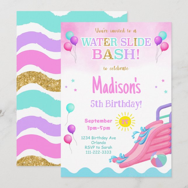Pink Glitter Waterslide Bash Girls Birthday Invite (Front/Back)