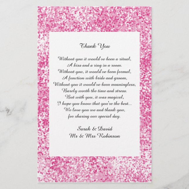 Pink Glitter Wedding Poem Thank You Favour Scroll (Front)