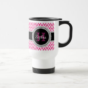 Pink Glitter White Chevrons Monogram Commuter Mug
