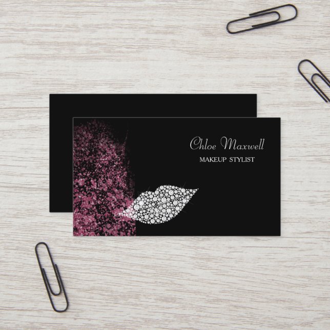Pink Glitter White Diamond Lips Makeup Artist Business Card (Front/Back In Situ)