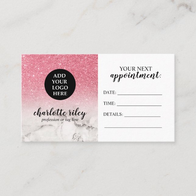 Pink Glitter white Marble Cursive Add your Logo Business Card (Front)