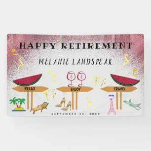 Pink Glitter Wine, Relax & Travel Happy Retirement Banner