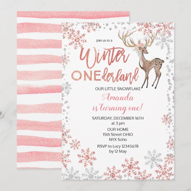 Pink Glitter Winter Birthday Invitation (Front/Back)