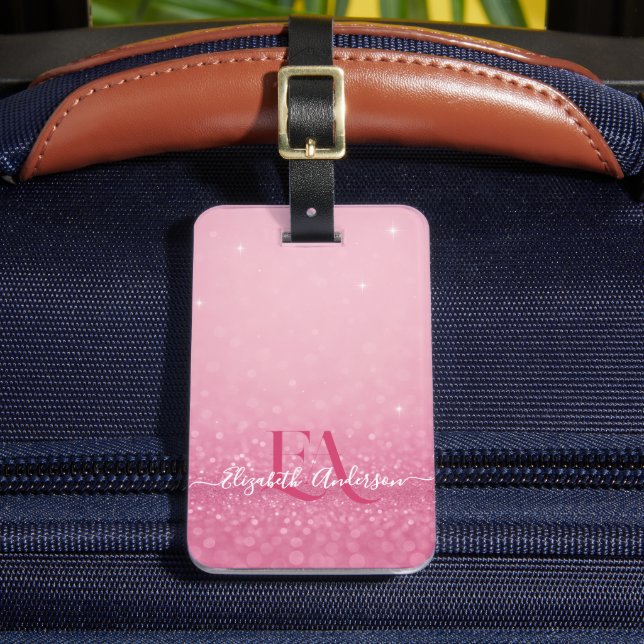 Pink Glitter with Name & Initials -  Luggage Tag (Front Insitu 2)