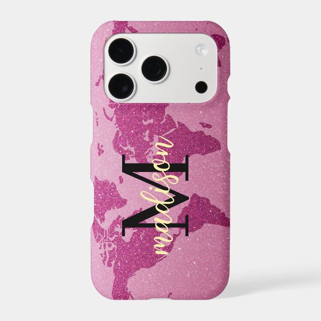 Pink glitter World Map Custom Monogram Name (Back)
