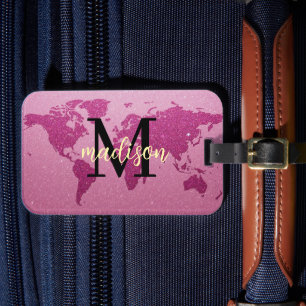 Pink glitter World Map Custom Monogram Name Luggage Tag