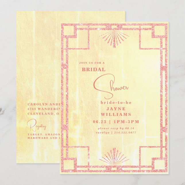 Pink Glitter Yellow Art Deco Briidal Shower Invitation (Front/Back)