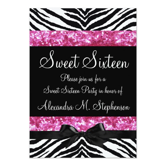 Pink Glitter Zebra Bow Sweet Sixteen Card