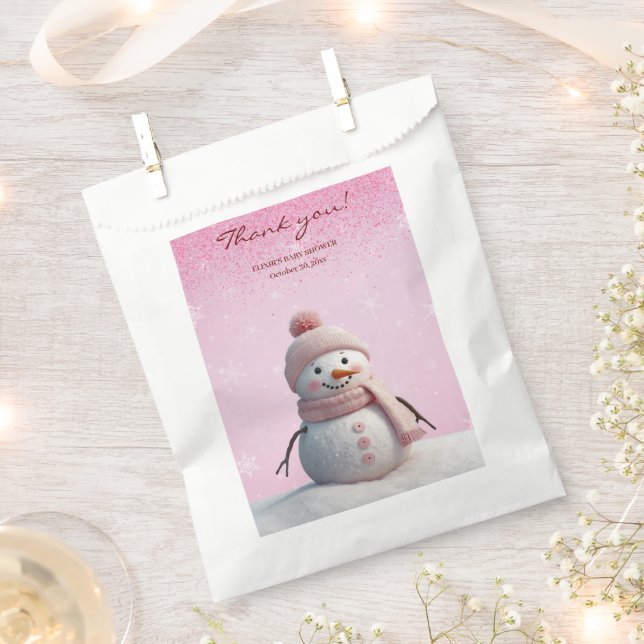 Pink Glitters Winter Snowman Baby Shower Favour Bags (Clipped)