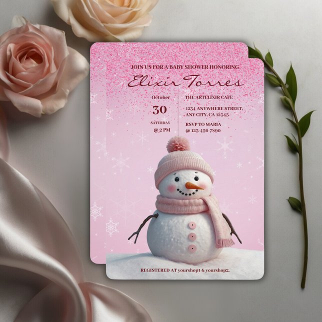 Pink Glitters Winter Snowman Baby Shower Invitation (Creator Uploaded)