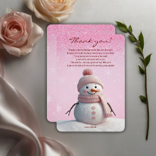 Pink Glitters Winter Snowman Baby Shower Thank You Card