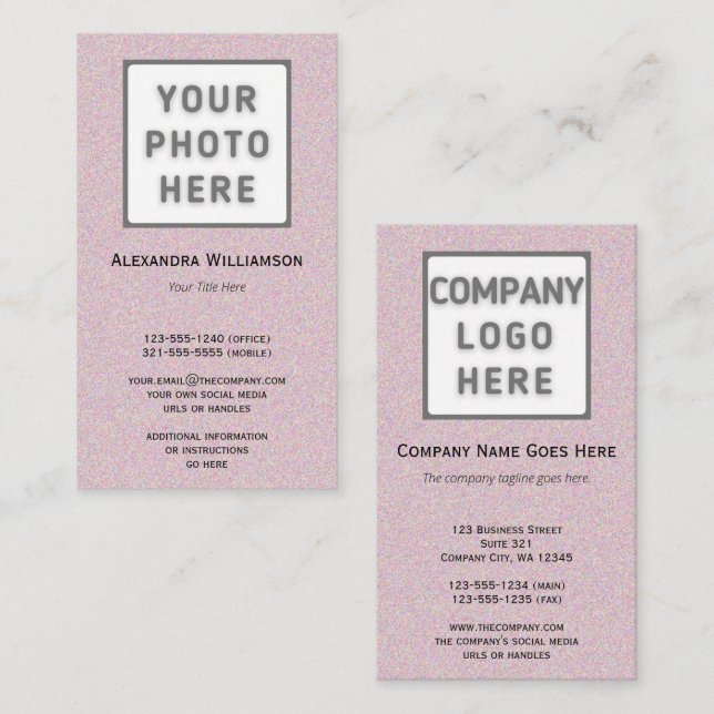 Pink Glittery Photo Logo Double-Sided Vertical Business Card (Front/Back)