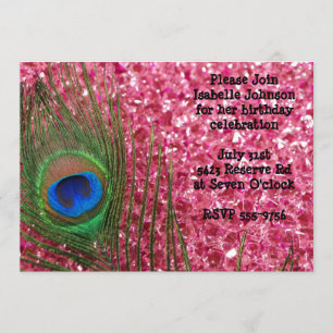 Pink Glittery Rocks Peacock Birthday Invitation