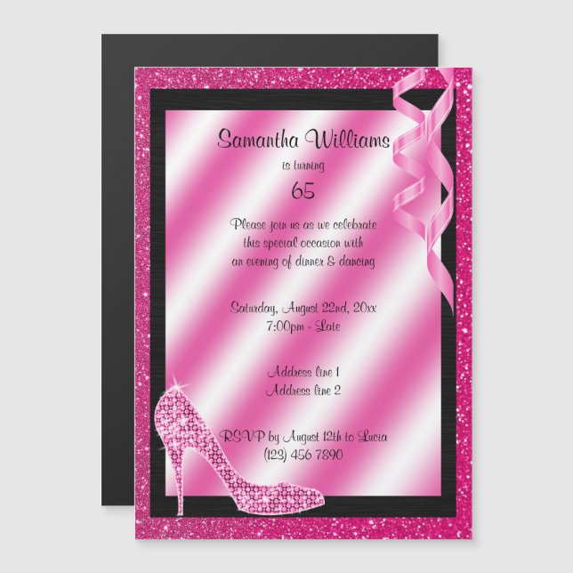 Pink Glittery Stiletto & Streamers 65th Birthday Magnetic Invitation (Front/Back)