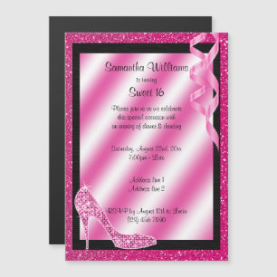 Pink Glittery Stiletto & Streamers Sweet 16 Magnetic Invitation